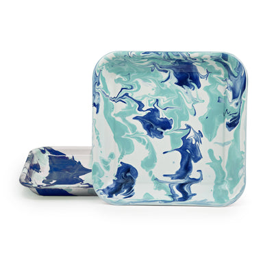 Set of two Lagoon Square Plates by Crow Canyon Home featuring a marbled design in cobalt blue and sea glass, perfect for stylish dining.