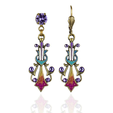Pair of decorative drop earrings with purple gemstones 