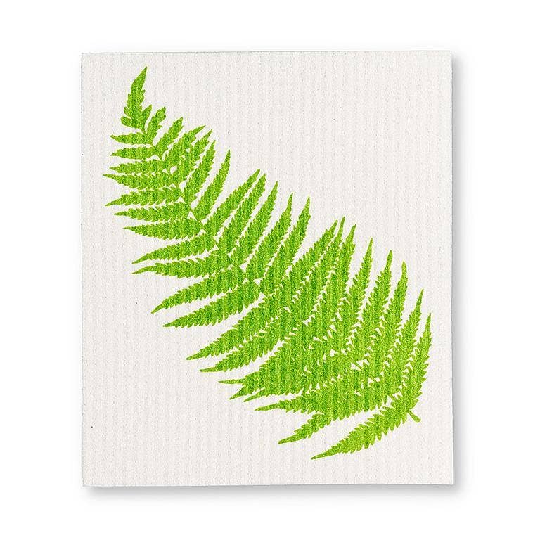 Vibrant green fern design on a white biodegradable dishcloth by Abbott, included in the Fern Leaf Dishcloths set of 2.