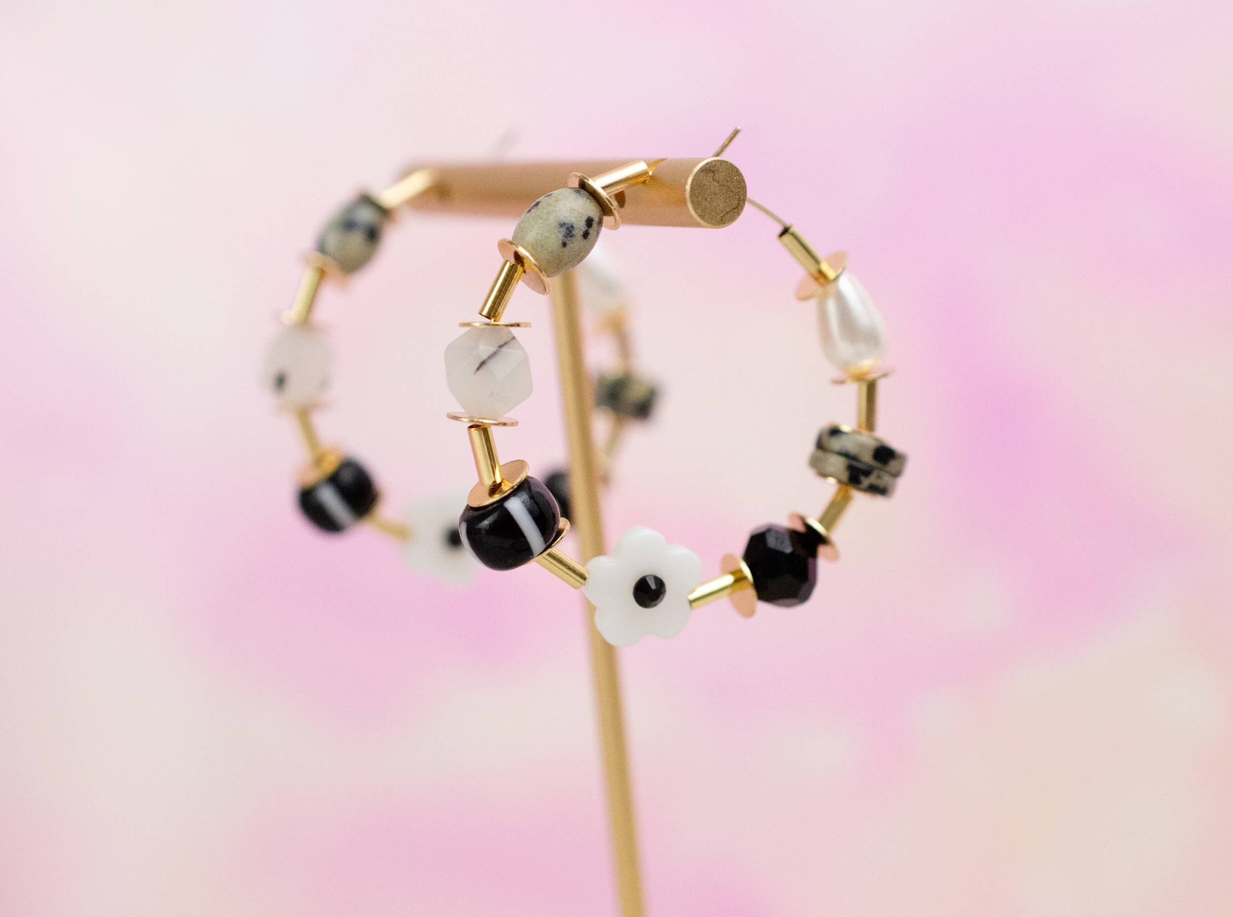 Black and White Beaded Hoop Earings