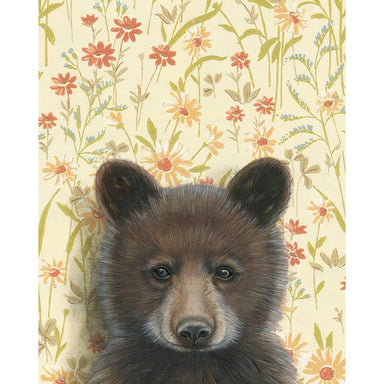 Original signed and framed art print featuring a bear cub portrait over a soft yellow floral background.