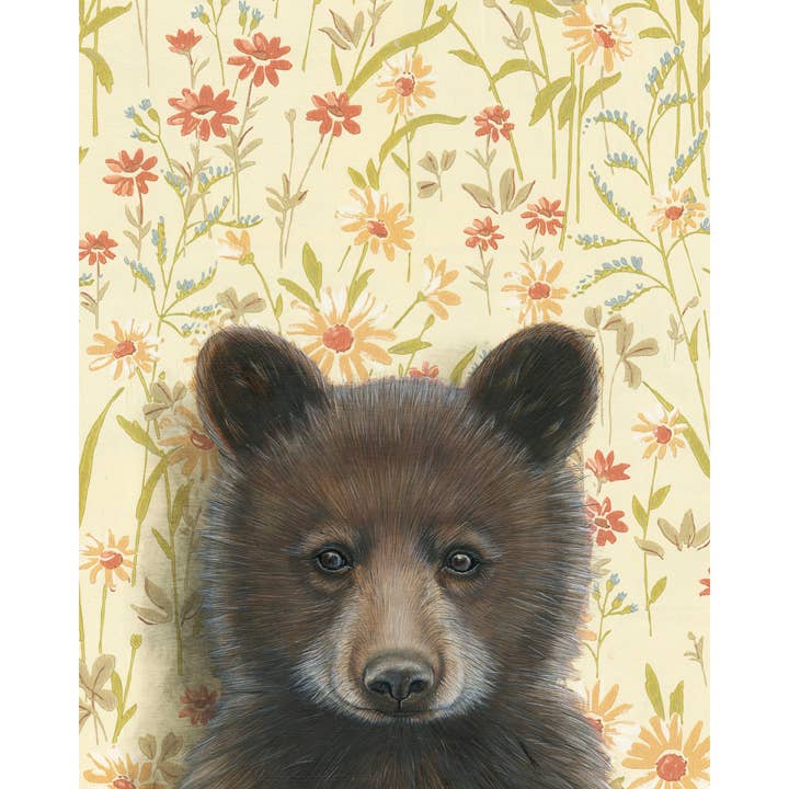 Original signed and framed art print featuring a bear cub portrait over a soft yellow floral background.