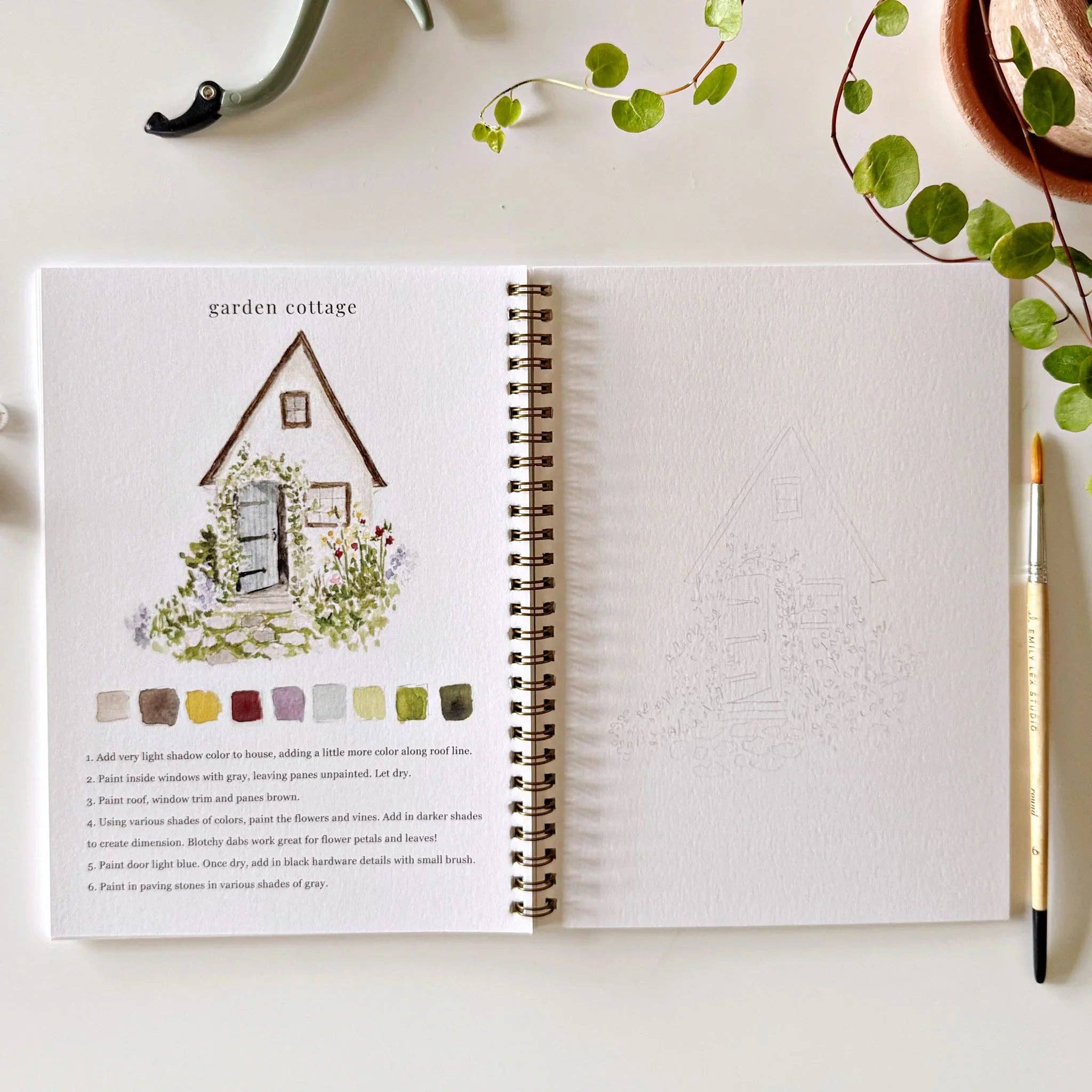 A user-friendly page from the Garden Watercolor Workbook with step-by-step instructions for watercolor painting.