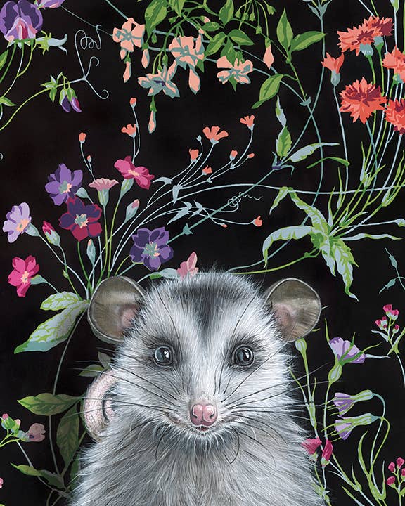 Close-up view of an opossum fine art print by Emily Uchytil, highlighting the intricate flower details and the opossum's expressive face.