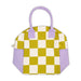 Checkered lunch bag with purple handles and trim 