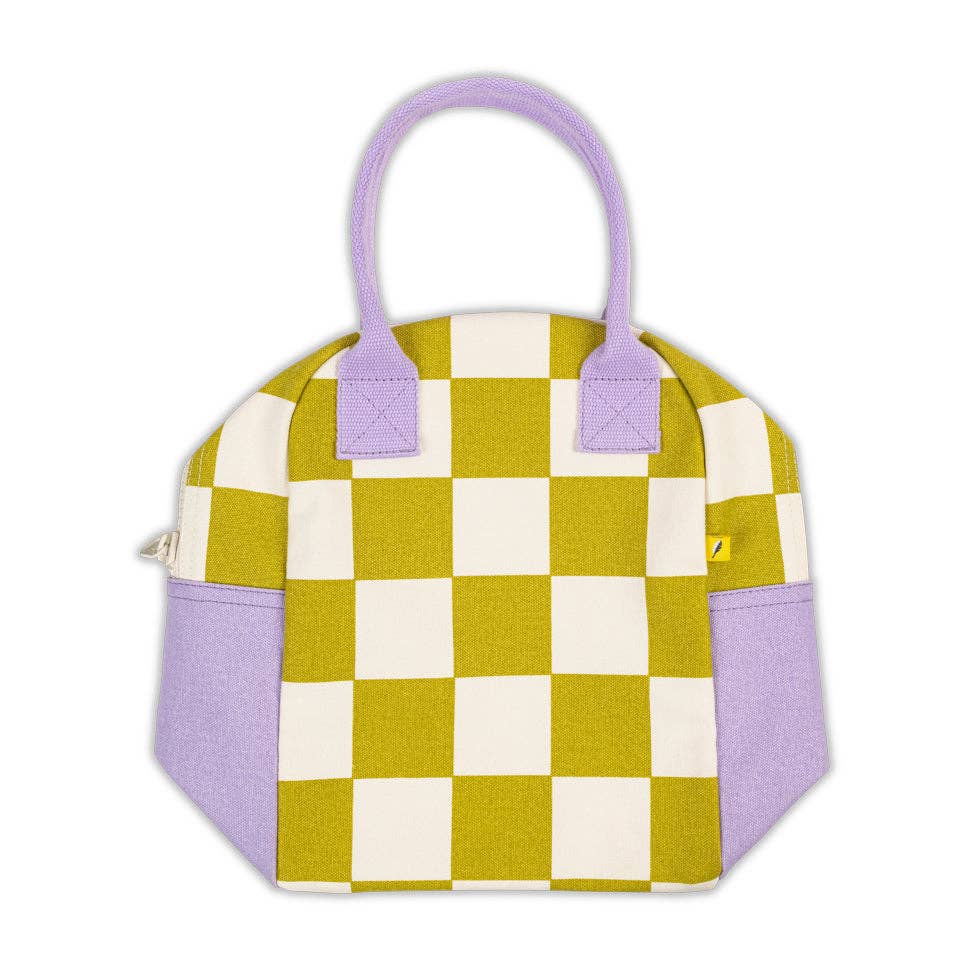 Checkered lunch bag with purple handles and trim 
