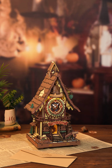 Cuckoo Clock DIY Wooden Puzzle by Hands Craft displayed in a cozy setting, highlighting its charming decorative features.