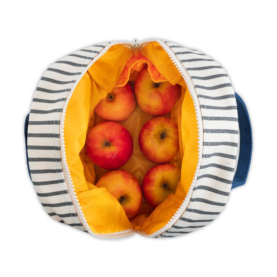 Striped lunch bag with apples inside 