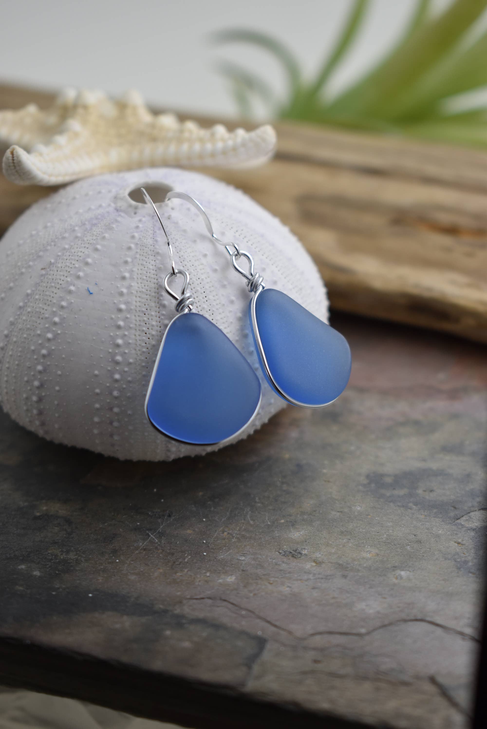 blue sea glass drop earrings
