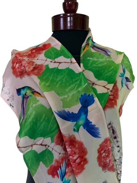 Hummingbirds silk scarf by Nina J, limited-edition wearable art inspired by nature