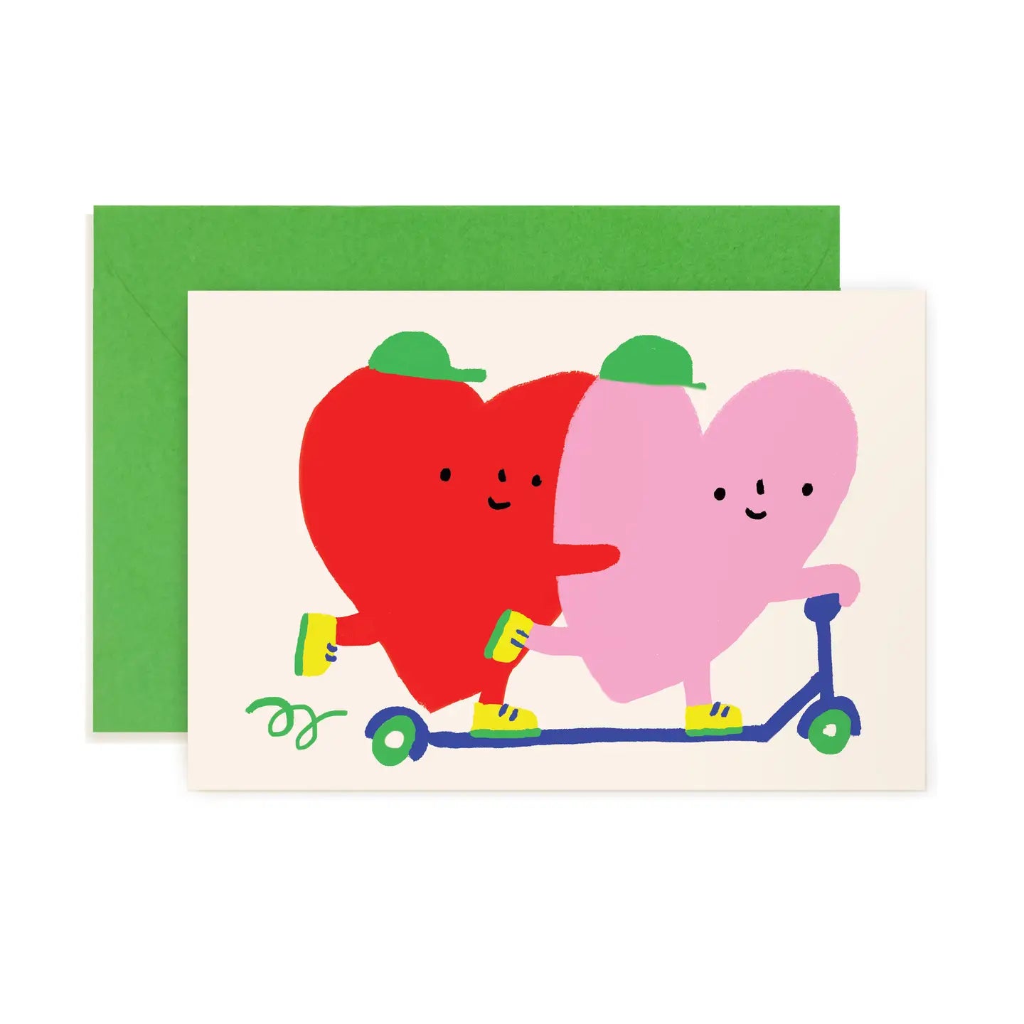 Whimsical illustration of two colorful hearts on a scooter, designed by Karen Schipper, featured in the Mini Note Card Collection.
