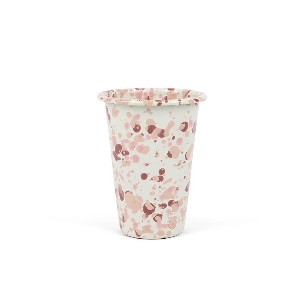 Catalina Enamelware 14 oz Tumbler with a soft pink splatter pattern by Crow Canyon Home, perfect for stacking and everyday use.