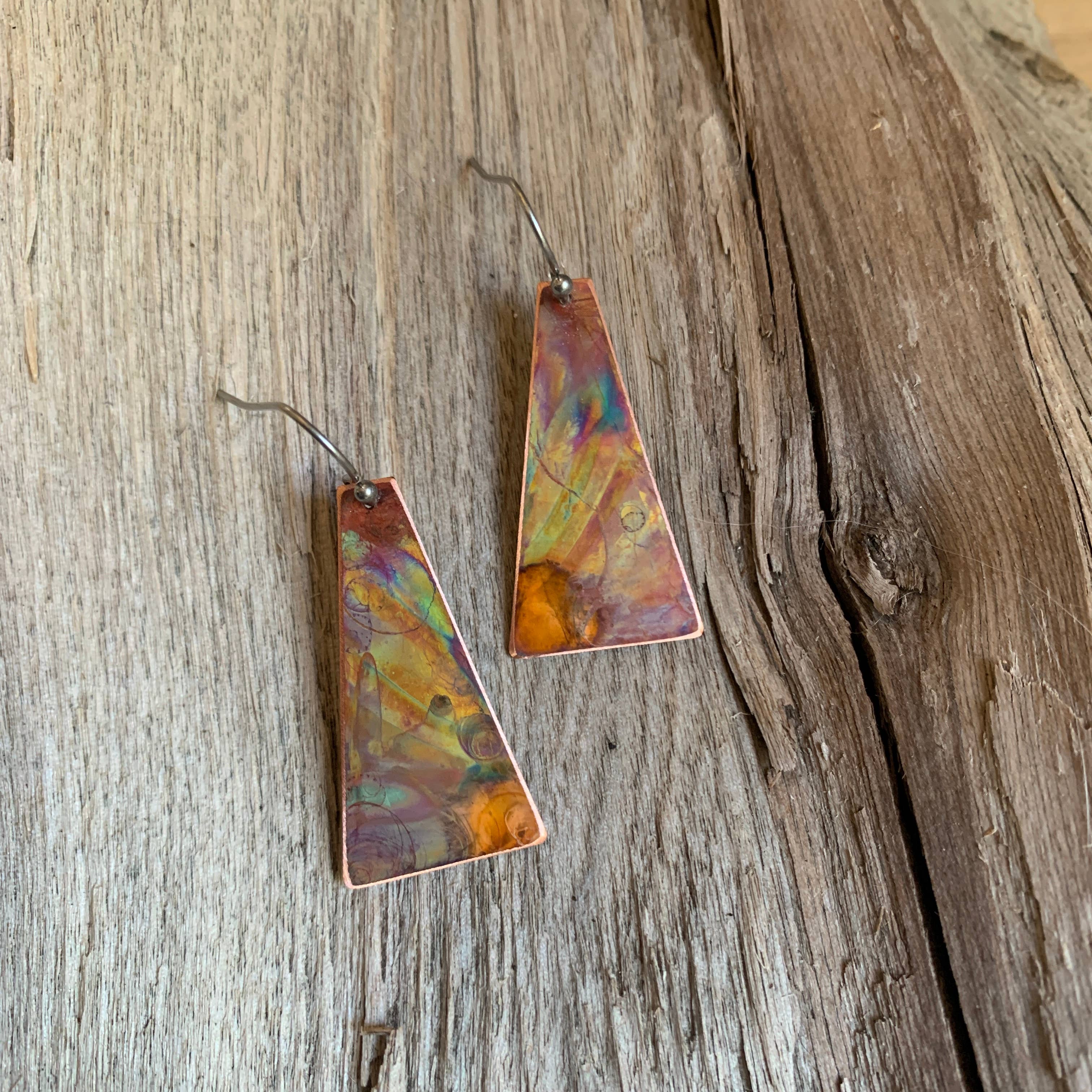 Beautifully crafted Triangle Dangle Earrings Flower showcasing one-of-a-kind designs with protective coating for durability.