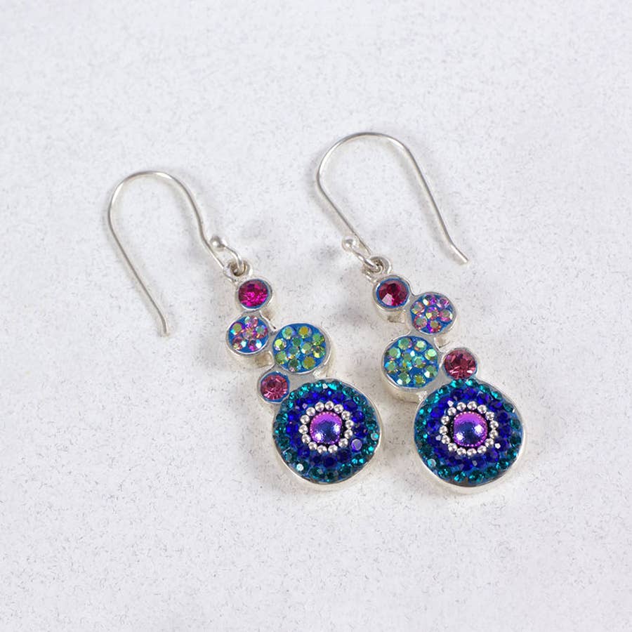 Colorful geometric crystal round earrings by Mosaico Jewels featuring a combination of vivid stones in various sizes, showcasing a modern design that highlights expert craftsmanship.