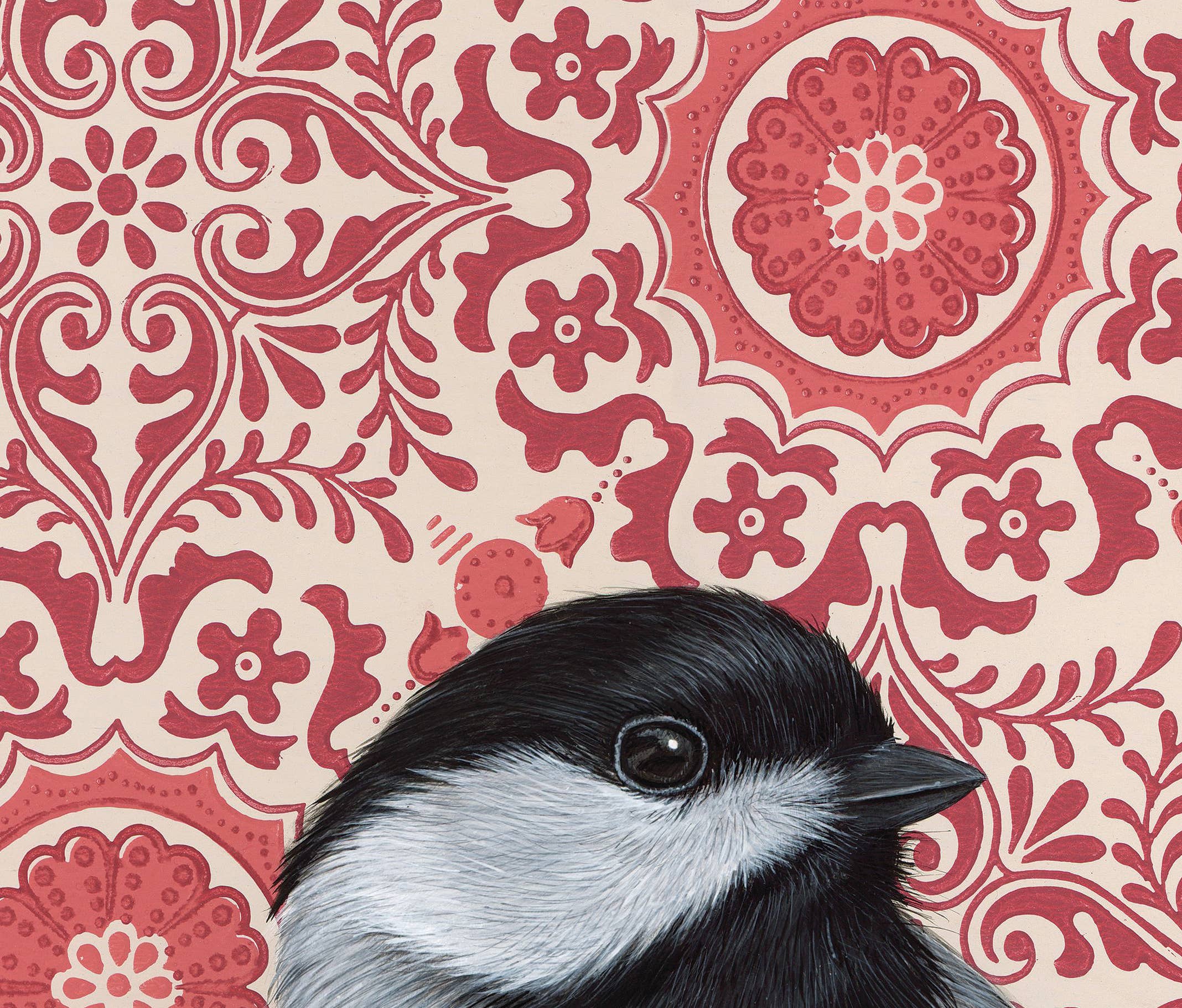 Chickadee bird portrait by Emily Uchytil, set against a decorative vintage wallpaper, showcasing exquisite detailing and artistry.