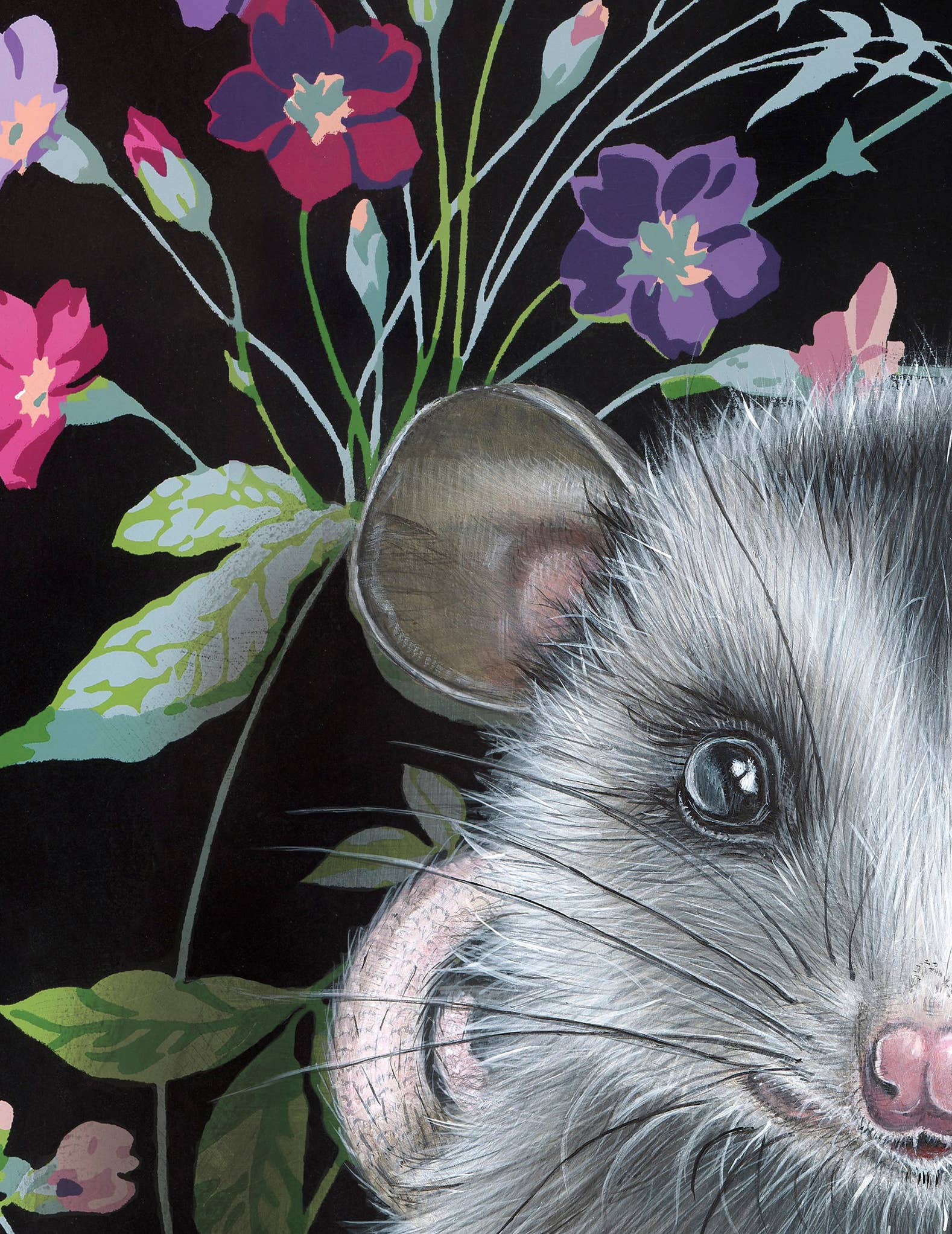 Detailed portrait of an opossum from the fine art print by Emily Uchytil, showcasing the animal's features against a floral backdrop.