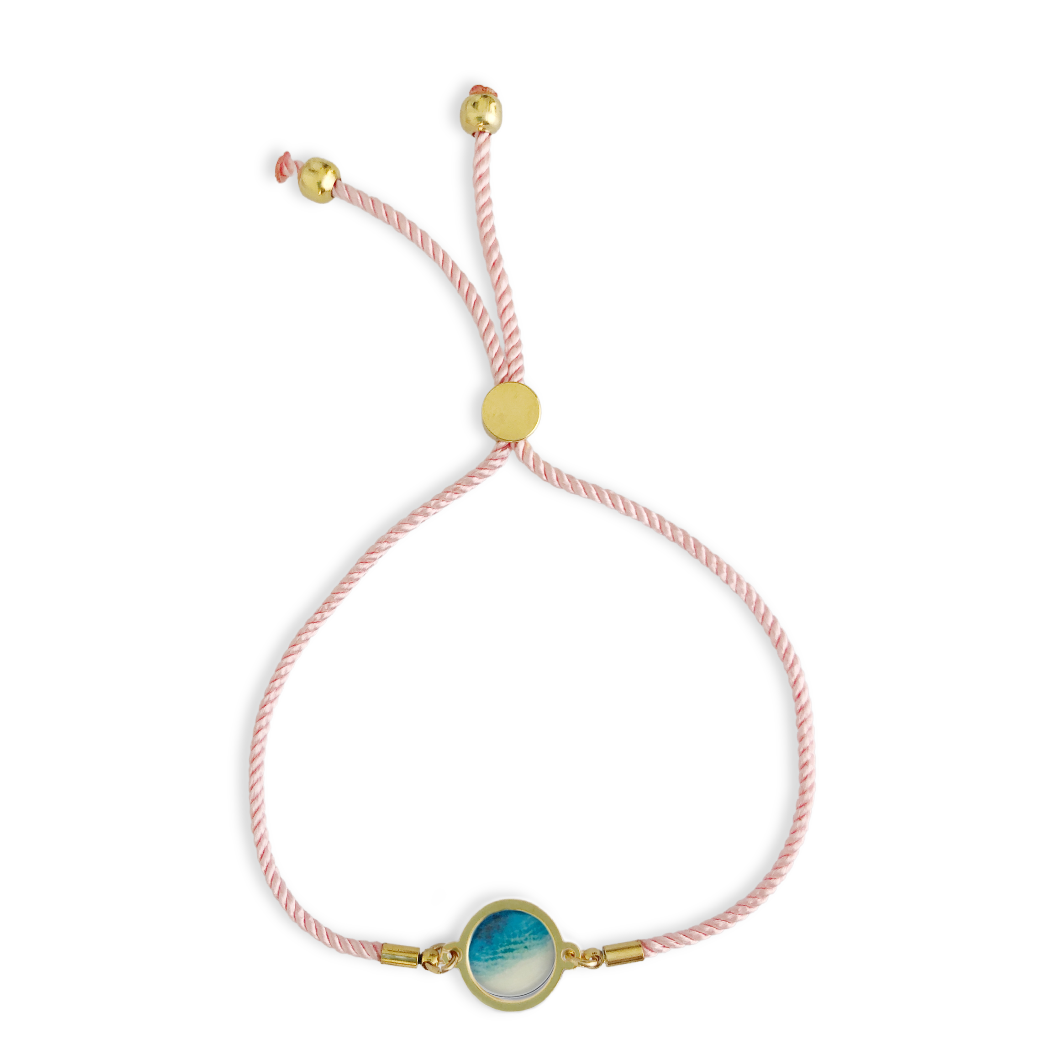 Foterra Jewelry Slide Bracelet - Rise With The Tide: Black / Gold Plated featuring a vibrant pink nylon cord and blue circular bead.