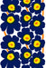 Vibrant navy and yellow floral pattern featuring bold flowers, part of the Art of Marimekko Postcard Box by Chronicle Books.
