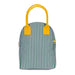 Green and white striped lunch bag with yellow handles 