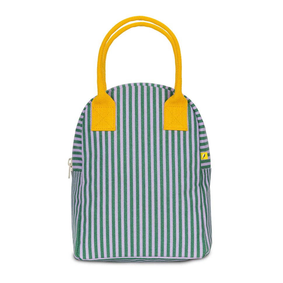 Green and white striped lunch bag with yellow handles 