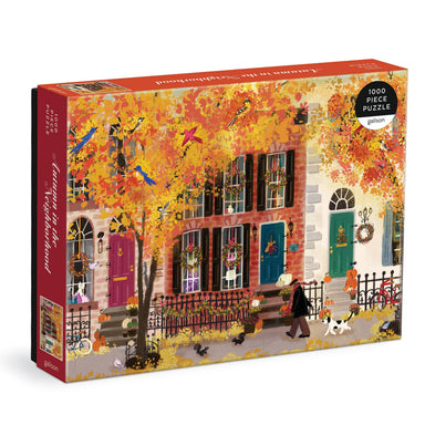 Autumn in the Neighborhood 1000 Piece Puzzle - cozy fall scene in a quirky neighborhood, lose yourself in puzzling fun!