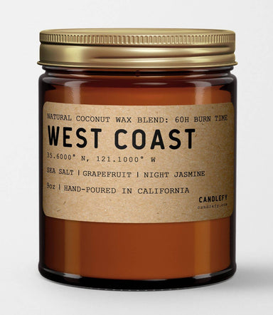 West Coast California Candle by Candlefy in an amber apothecary jar, featuring a natural coconut wax blend, with notes of sea salt, grapefruit, and night jasmine, designed for a 60-hour burn time.
