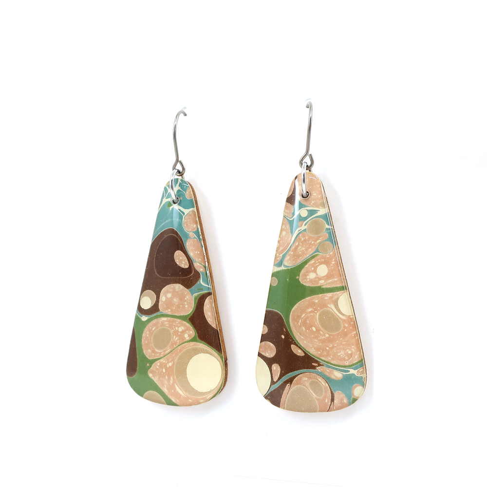 Moss green, brown, and pink beige marble modern long earrings made from hand marbled paper and UV-cured resin, featuring titanium hooks for sensitive ears.