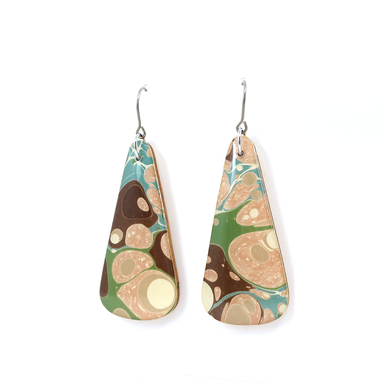Moss green, brown, and pink beige marble modern long earrings made from hand marbled paper and UV-cured resin, featuring titanium hooks for sensitive ears.