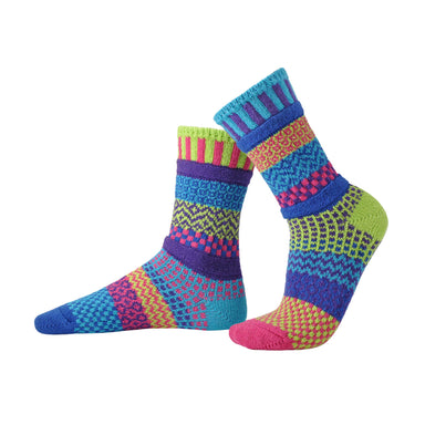 Bluebell Crew Socks in vibrant colors inspired by spring flowers, featuring lime green, turquoise, purple, royal blue, and fuchsia.