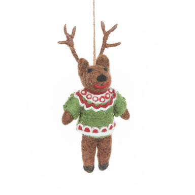 Felted reindeer ornament wearing a green sweater with red trim