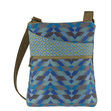 Maruca Pocket Bag with a geometric pattern in blue and yellow tones, designed for convenience with an adjustable crossbody strap.