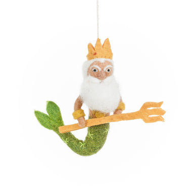 Felted poseidon ornament with a crown, white beard, and pitchfork
