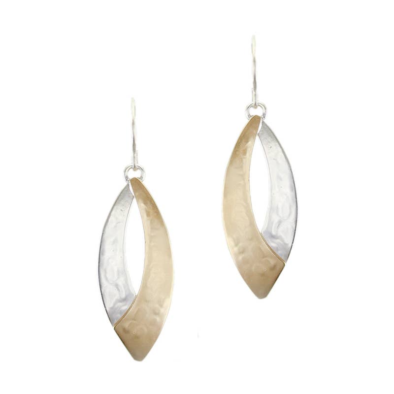 Medium Overlap Swoops Wire Earring by Marjorie Baer, featuring sculptural two-tone design with overlapping brass and silver elements, elegantly designed to add sophistication.