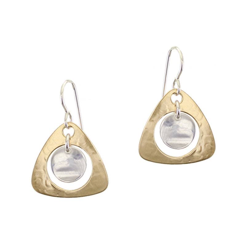 Medium Cutout Rounded Triangle with Hanging Disc Wire Earrings by Marjorie Baer, handcrafted jewelry made in California