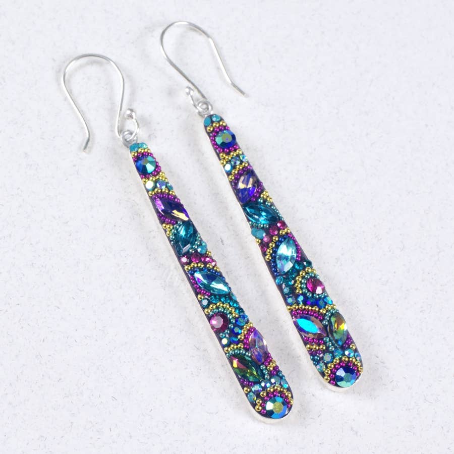 Elegant Crystal Dash Earrings by Mosaico Jewels showcasing a unique pattern of shimmering multicolored crystals, ideal for making a statement on special occasions.