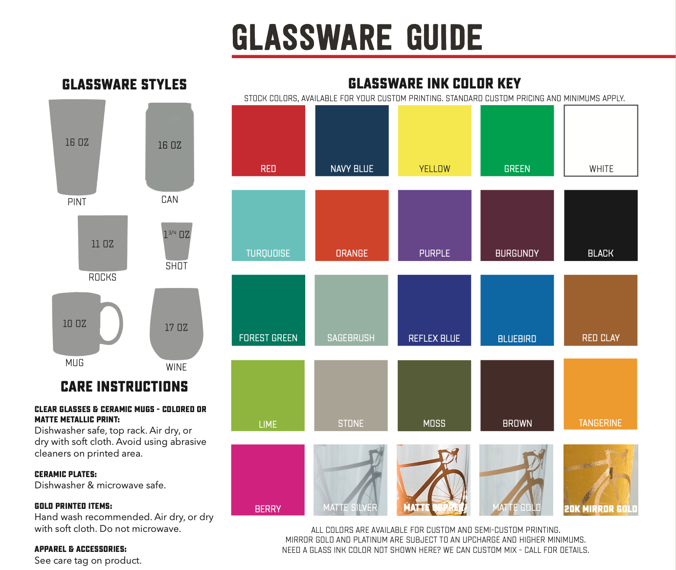 Glassware guide, styes and ink color key