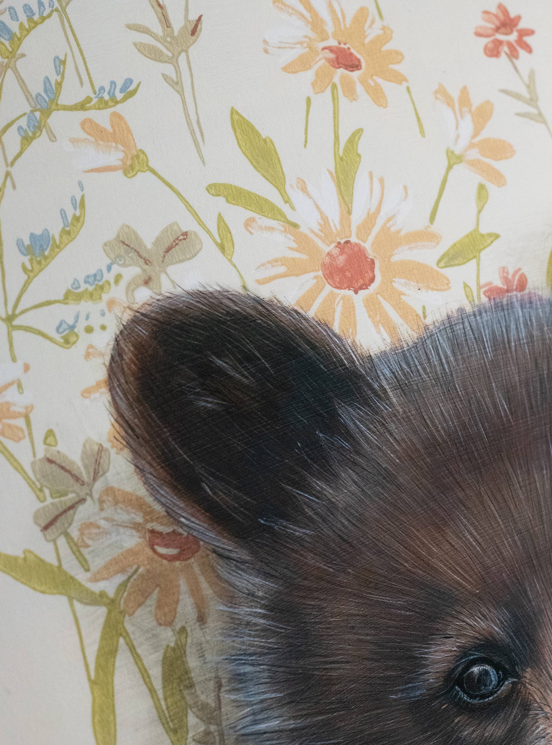 Original signed and framed art print featuring a bear cub portrait over a soft yellow floral background.