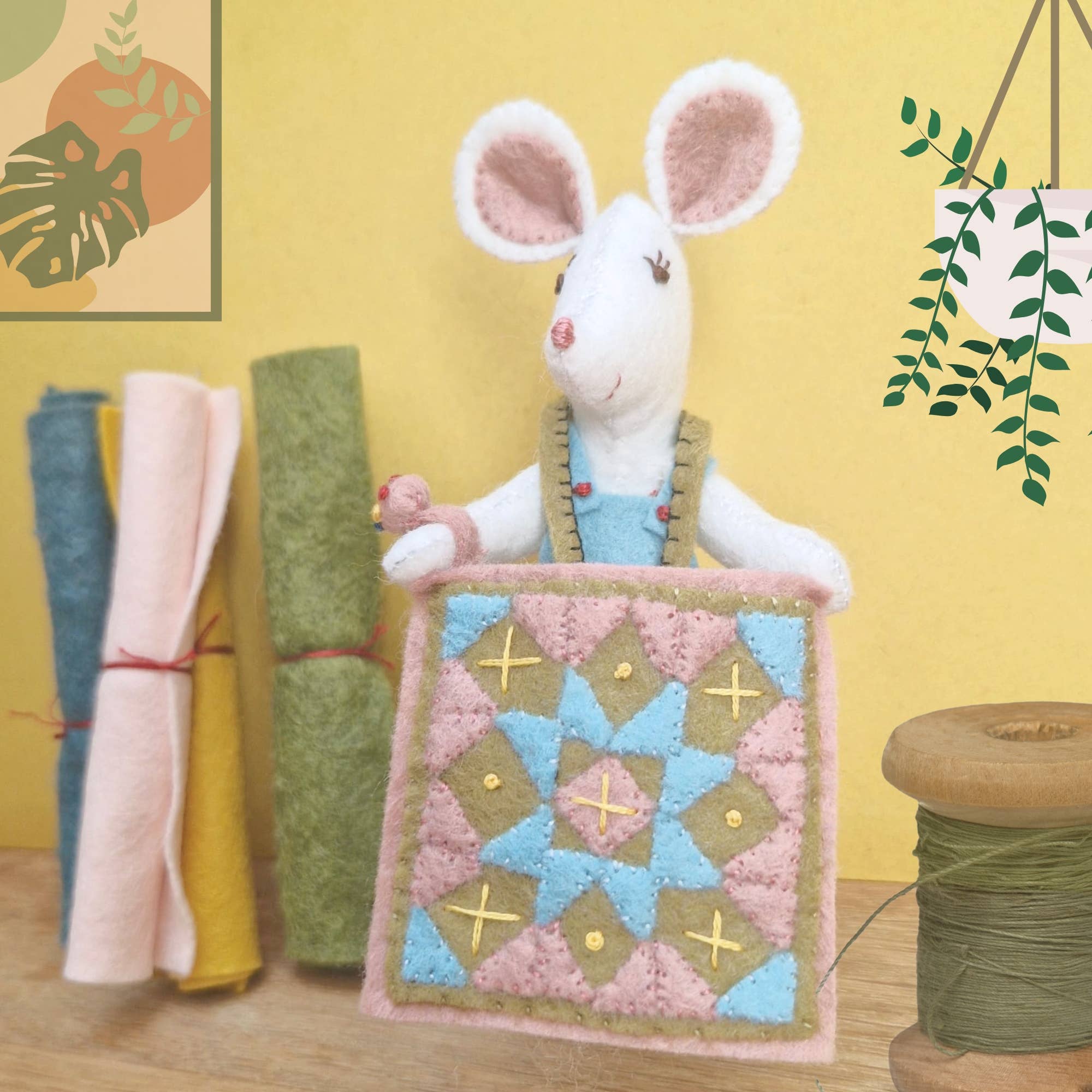Adorable Little Mouse Makes a Quilt Felt Craft Mini Kit busy stitching a cozy quilt, perfect for a whimsical decor, showcasing vintage charm and creative fun!