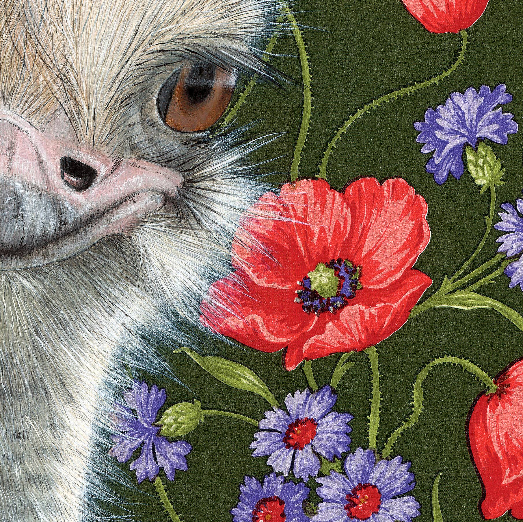 Close-up illustration of an ostrich featuring delicate floral patterns, designed for a nursery art print by Emily Uchytil, titled 'Ostrich - Fine Art Print'.