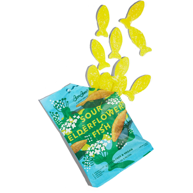 Sour Elderflower Fish - Swedish Candy 5.2oz (150g) packaging showcasing vegan and gluten-free ingredients with a nostalgic summer theme.