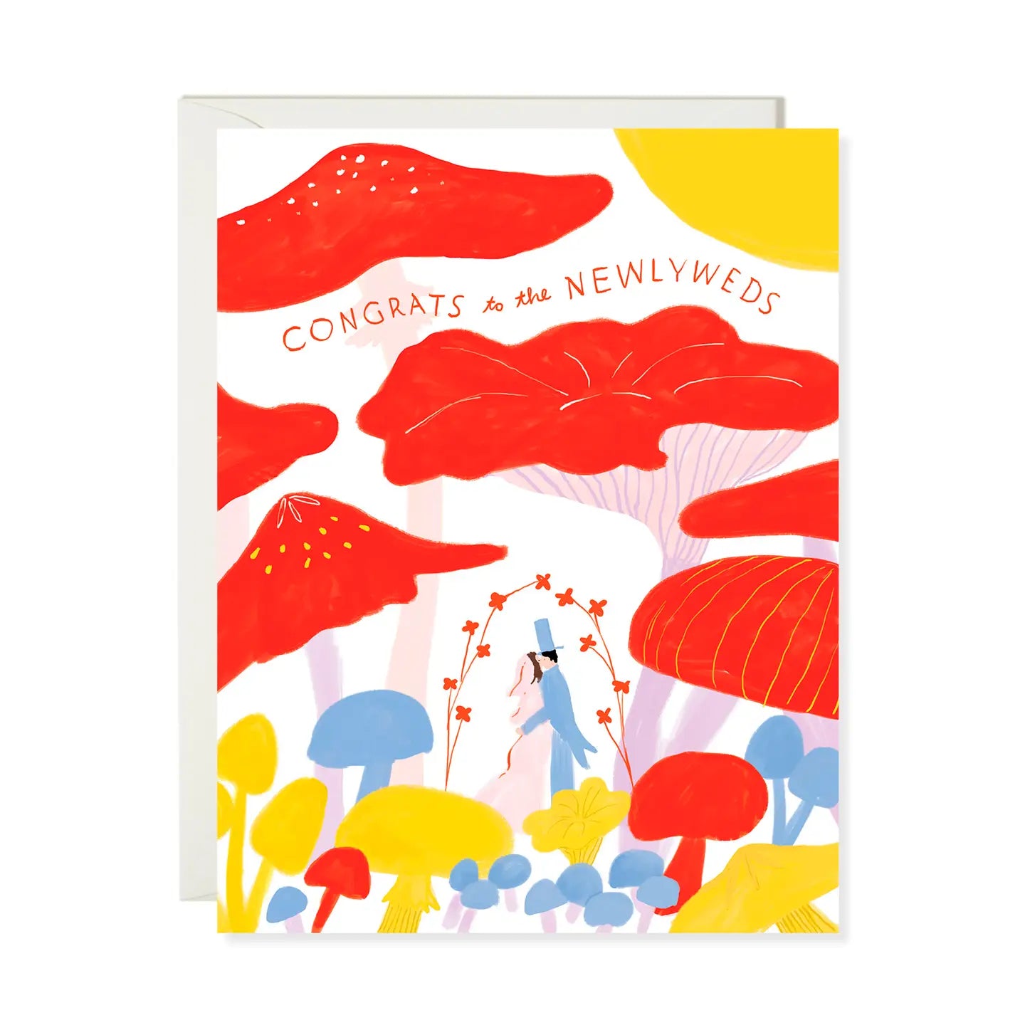 Colorful wedding congratulations card featuring whimsical red mushrooms and a bride illustration from Karen Schipper Card Collection.