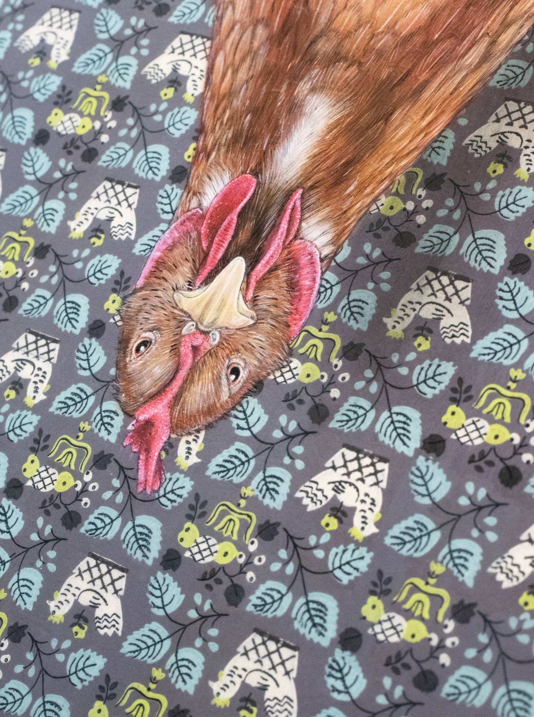 Close-up view of a fine art print featuring a chicken, detailed illustration style by Emily Uchytil, part of the Chicken - Fine Art Print - Farm Animal Illustration collection.