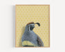 Framed art print of a quail on a yellow patterned background.