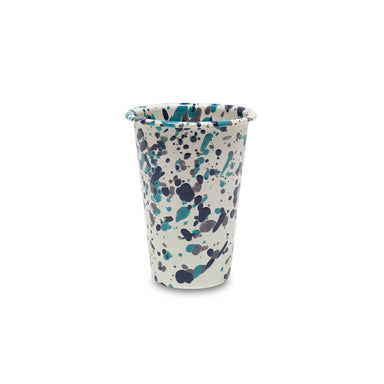 Catalina Enamelware 14 oz Tumbler in a colorful splatter design by Crow Canyon Home, perfect for sustainable living.