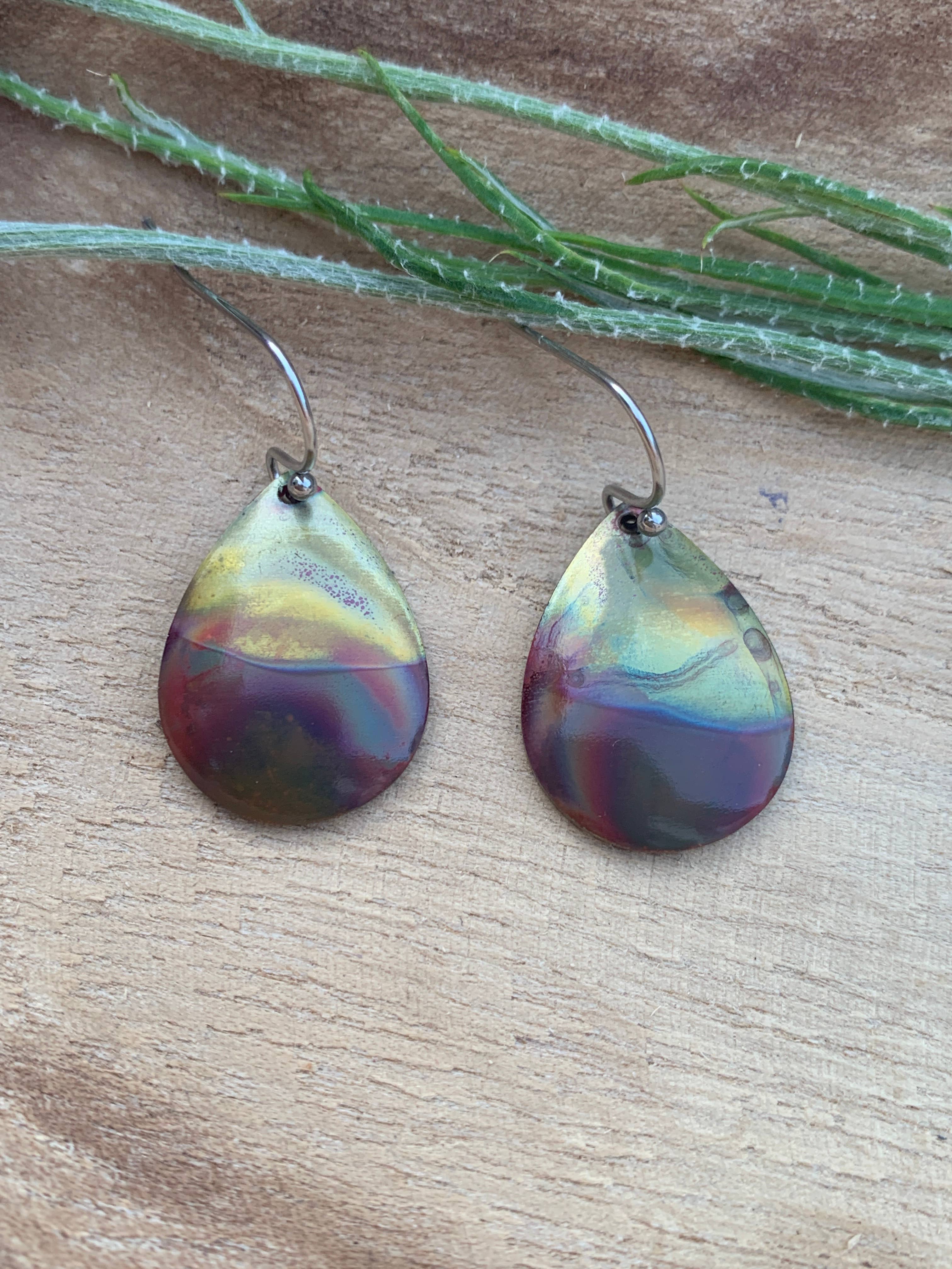 Small Teardrop Fire Painted Copper Earrings