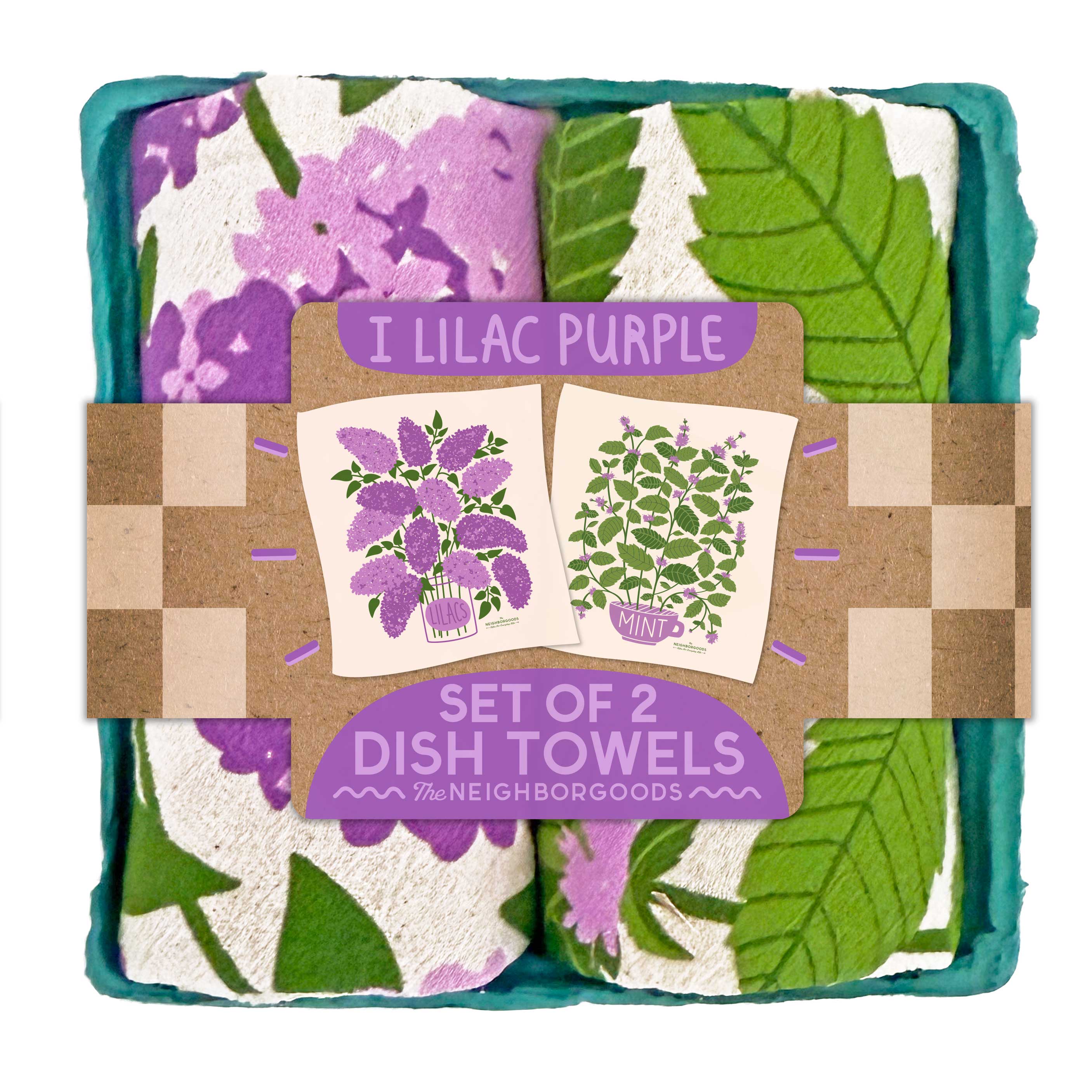 I Lilac Purple Tea Towel set featuring soft mint and rich lilac colors, perfect for enhancing any kitchen. These 100% cotton dish towels are eco-friendly and machine washable, designed by The Neighborgoods.