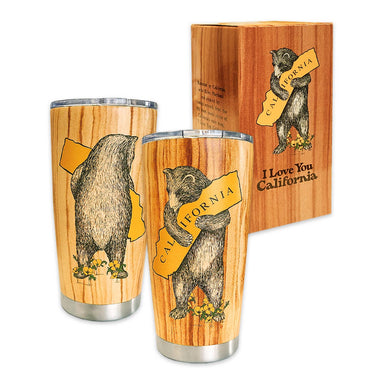California Woodgrain Bear Hug Travel Mug from SF Mercantile displayed with a gift box, showcasing bear artwork and 'I Love You California' text.