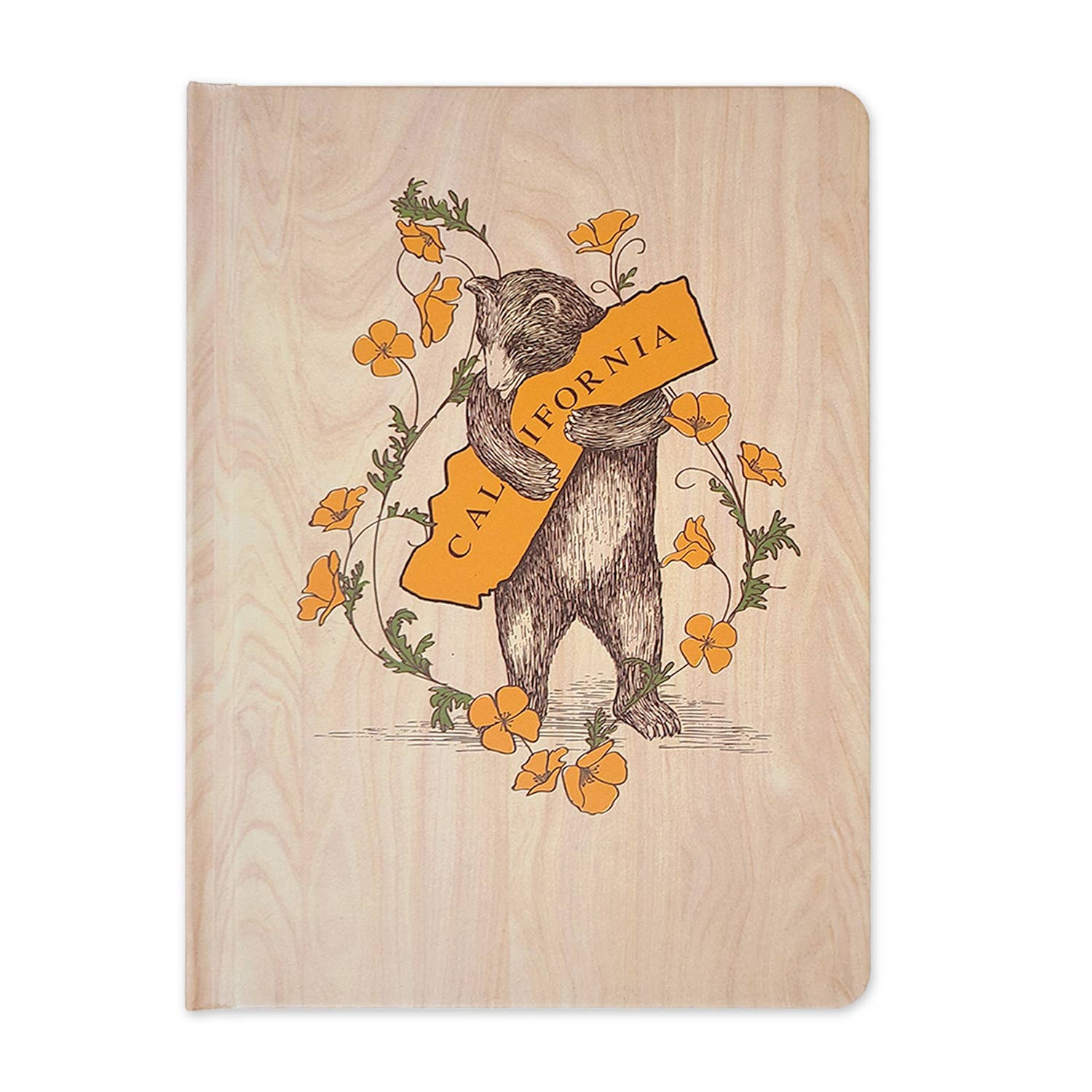 California Bear Hug Hardcover Journal by SF Mercantile featuring a hand-drawn bear holding a California sign surrounded by bright poppies on a woodgrain cover.