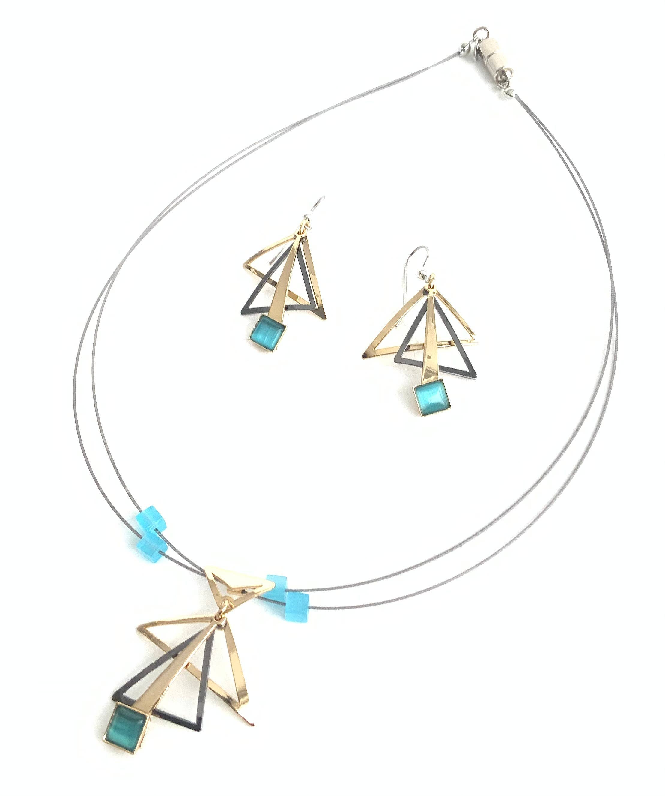 wire necklaces and earrings featuring blue beads and gemstones