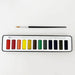 Close-up of watercolor paint set 12 colors showcasing vibrant hues ready for mixing.
